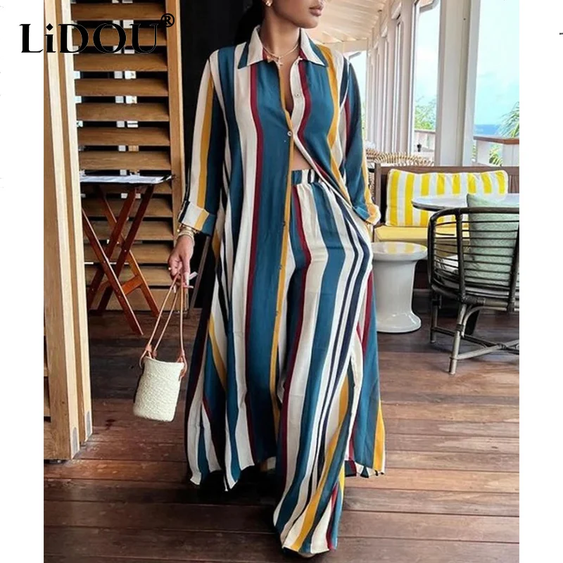 Top Trends: Autumn Winter Y2K Traditional Striped Casual Two Piece Set Women Long Sleeve Loose Aesthetic Blouse Oversized Chic Matching Suit Shoppable Styles