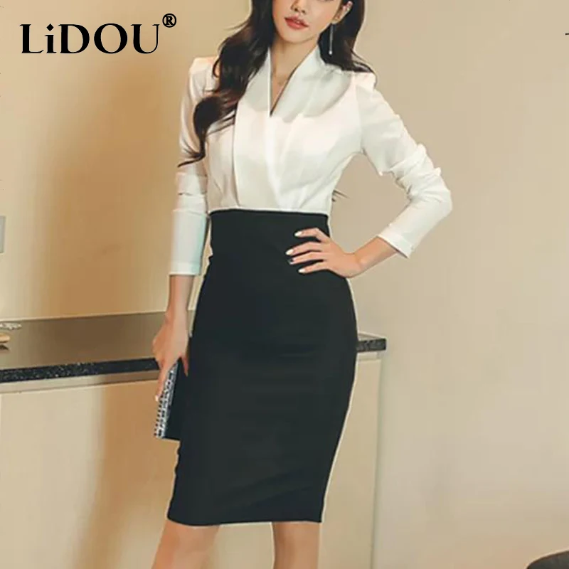 Top Trends: Summer New Office Lady Elegant Fashion Patchwork Bodycon Dress Female Temperament Long Sleeve Waist Robe Women's V-neck Vestidos Shoppable Styles