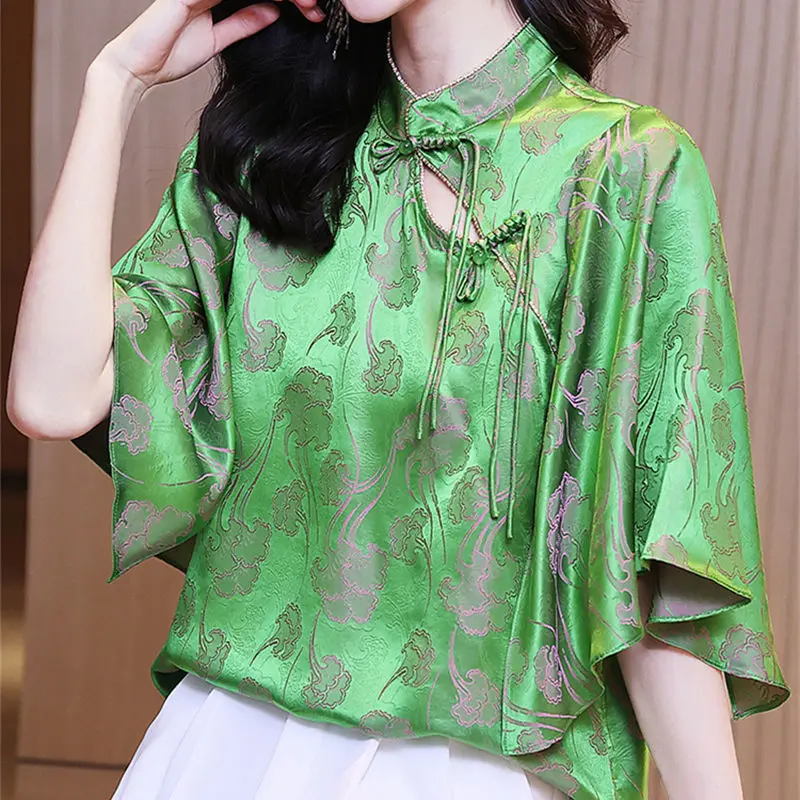 Top Trends: Femme Chinese Style Printing Silk Half Sleeve Stand Collar Blouse Autumn Office Lady Buttons Women Shirts Simplicity Lacing Tops Shoppable Styles - Image 4