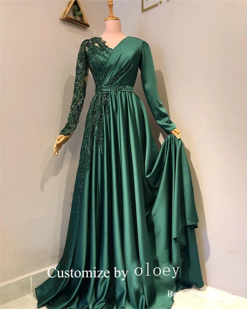 Top Trends: OLOEY Emerald Green Satin Dubai Arabic Evening Dresses Glitter Lace Satin Pleats V Neck Formal Prom Gowns Vestido De Noche Shoppable Styles