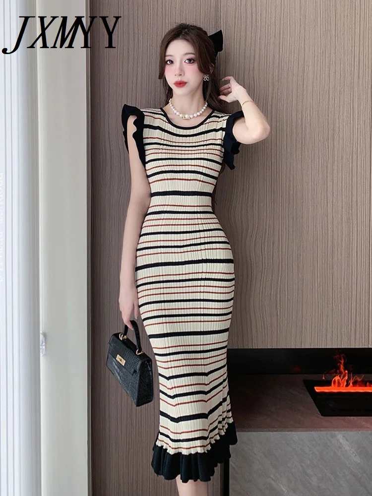 Top Trends: JXMYY Summer New Fashion Elegant Temperament Slimming Striped Color Collision Dress Fashion Sleeveless Bag Buttock Women's Wear Shoppable Styles