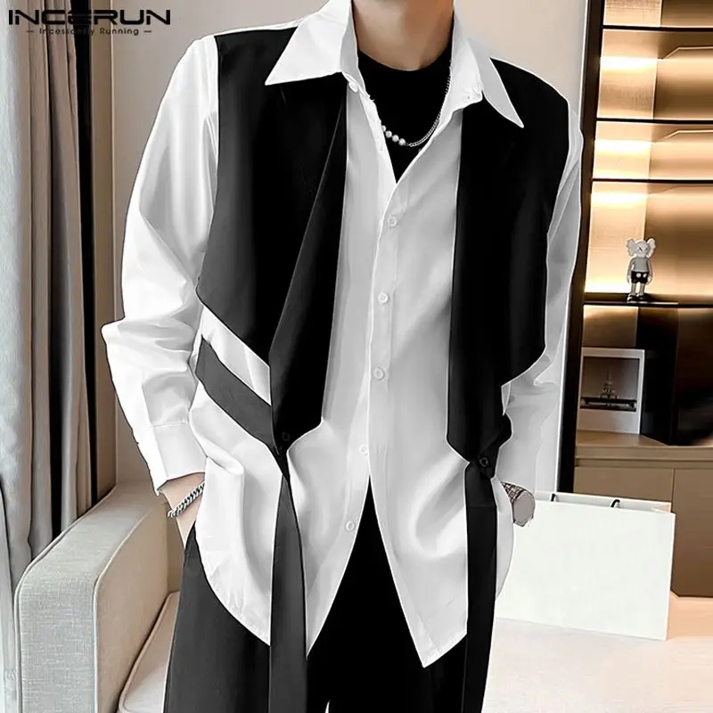 Top Trends: INCERUN Tops 2023 Korean Style Handsome Men Patchwork Fake Two Piece Shirt Casual Party Contrast Design Long Sleeve Blouse S-5XL Shoppable Styles