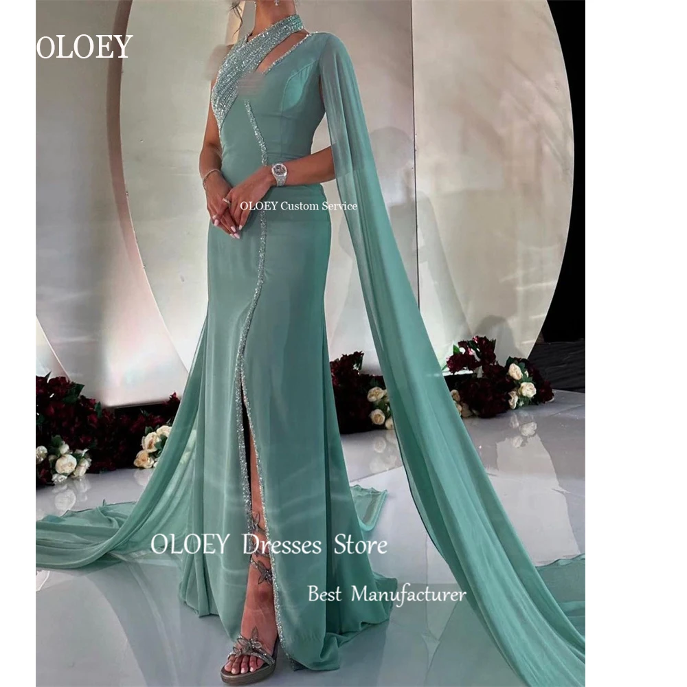 Top Trends: OLOEY Elegant Sage Green Chifffon Mermaid Evening Dresses Long Cape Sleeves Shiny Sequin Split Prom Gowns Formal Party Dress Shoppable Styles