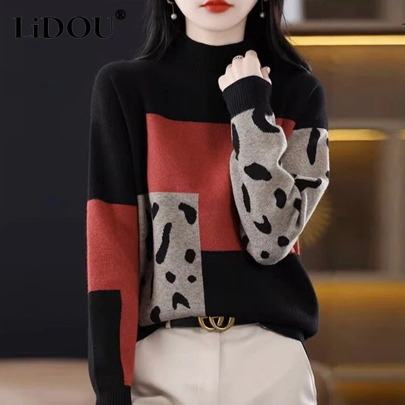 Top Trends: Autumn Winter Women&#039;s Patchwork Casual Fashion Sweater Female Loose All-match Knitted Vintage Top Ladies Half High Collar Jumper Shoppable Styles