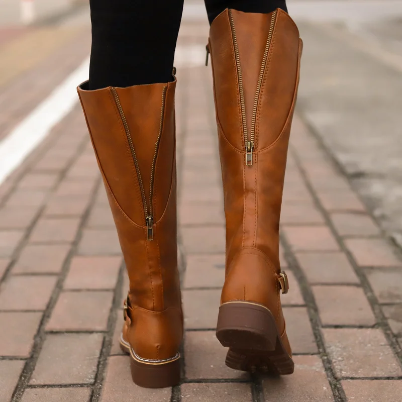 Top Trends: Women's Knee High Boots Fashion Low Heels Square Platform Long Boots Brown Black Leather PU Zip Winter Woman Warm Shoes Booties Shoppable Styles