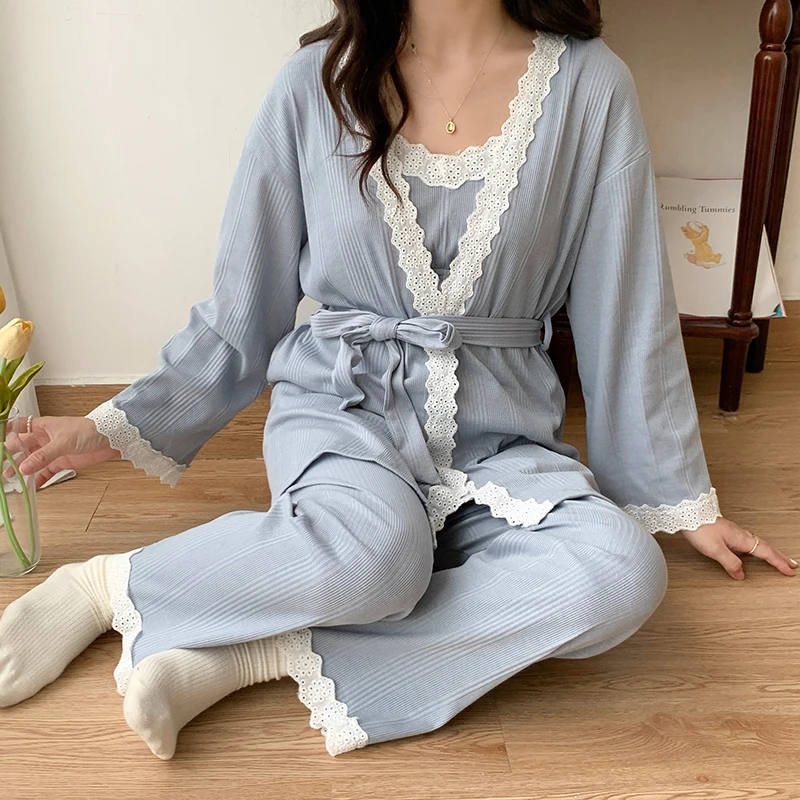 Top Trends: Lace Patchwork Cotton Maternity Nursing Sleepwear Elegant Loose Pajamas Suit For Pregnancy Women Home Sleep Lounge Wear 3PCS Set Shoppable Styles