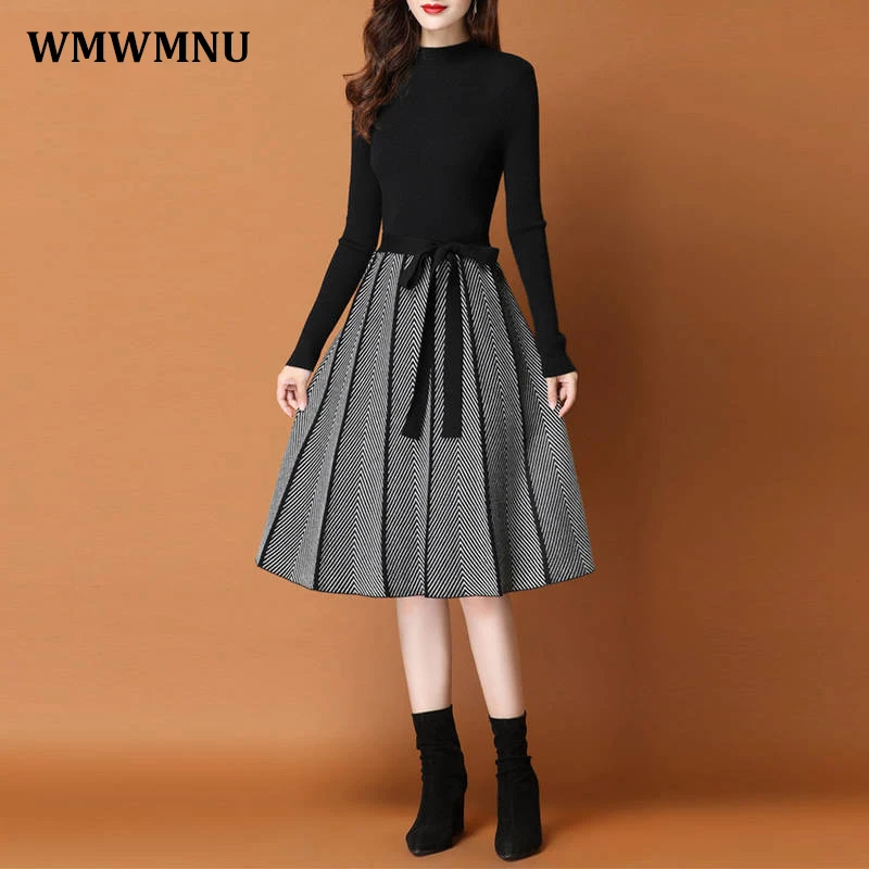 Top Trends: Elegant Knitted Patchwork Sweater Dress Winter Thick Women Pretty Dresses Half Turtleneck Korean Vestidos Knitwears Midi Elbise Shoppable Styles