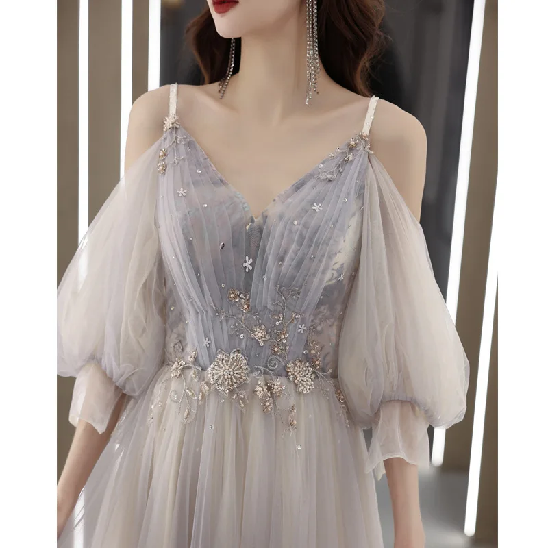 Top Trends: Banquet Evening Dress 2023 New Temperament Spaghetti Strap A-line Formal Prom Gown V-Neck Floor-Length Tulle Dresses Shoppable Styles