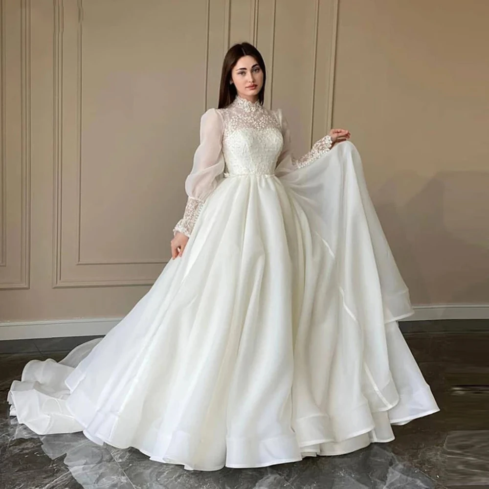 Top Trends: Gorgeous High Collar Elegant A Line Wedding Dress Lace Puff Long Sleeves High Neck Korea Wedding Bridal Gowns Robe De Mariage Shoppable Styles