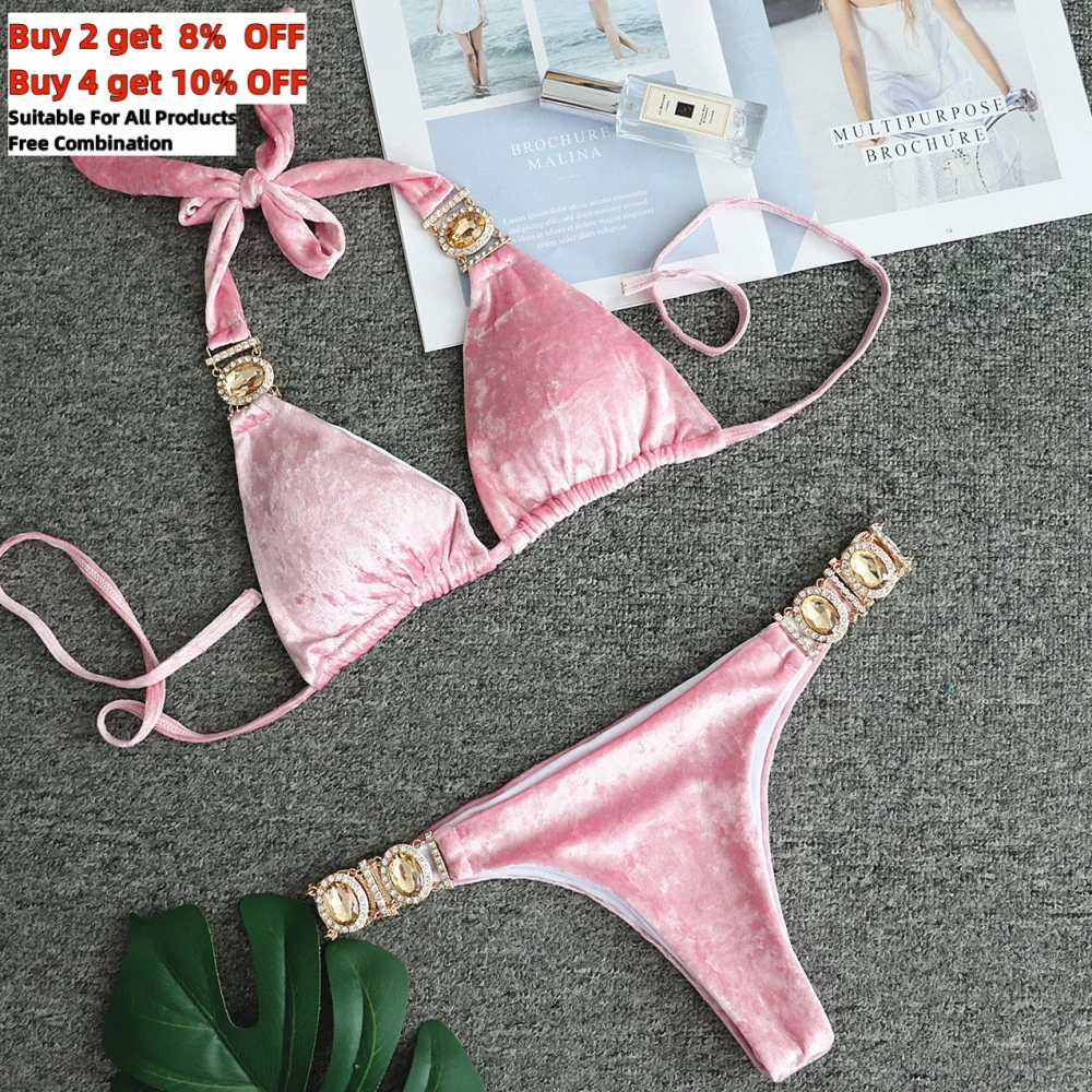 Top Trends: Summer Bikini Set Pink Two Piece Velvet Women's Split Swimsuit Sexy Crystal Swimwear Bathing Suit Beachwear Solid Shoppable Styles - Image 2