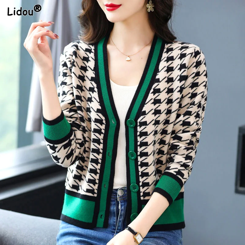 Top Trends: Sweaters Button Patchwork Casual V-neck Dignified Elegant Cardigan Loose Geometric Graphic Autumn Winter Thin Women's Clothing Shoppable Styles