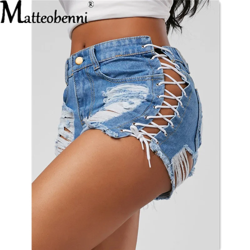 Top Trends: Sexy Ripped Tassel Jeans Streetwear High Waist Straight Denim Shorts 2022 Summer New Women Lace-Up Hole Hollow Out Jean Shorts Shoppable Styles - Image 5