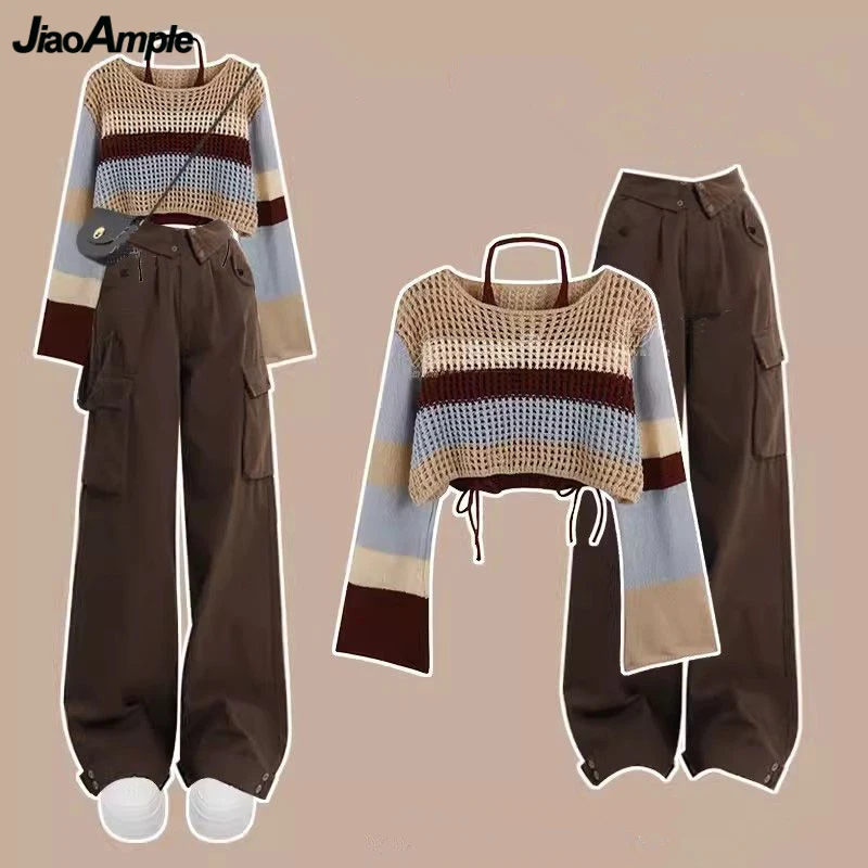 Top Trends: 2023 Spring Autumn Sweater Halter Sling Cargo Pants 1 Or 3 Piece Set Women Casaul Multi Stripe Knit Tops Vest Trousers Outfits Shoppable Styles