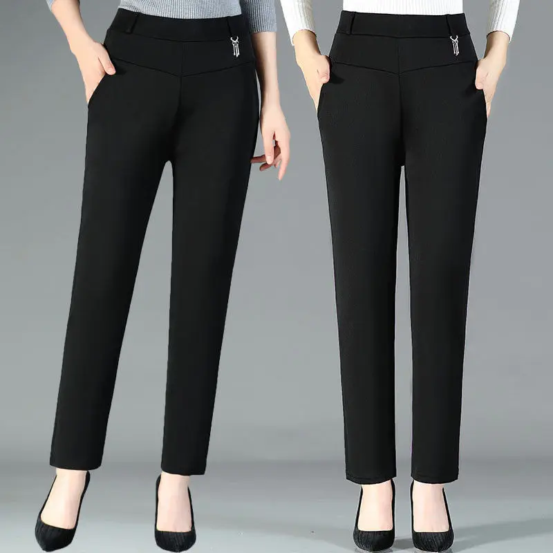 Top Trends: High Waist Trousers For Middle-aged Elderly Women Loose Straight Plus Size Three-dimensional Decoration Chain Black Ankle-length Shoppable Styles