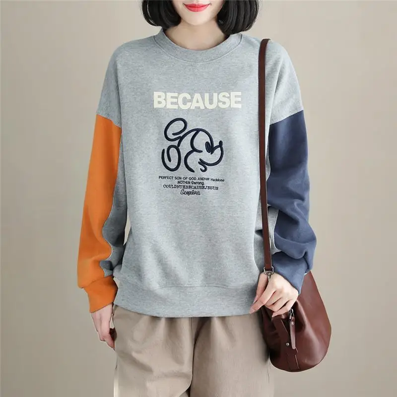 Top Trends: Cotton Loose Cartoon Embroidered Round Neck Sweatshirts New Women Loose Slim Long Sleeve Letter Casual All-match Lady Top Shoppable Styles