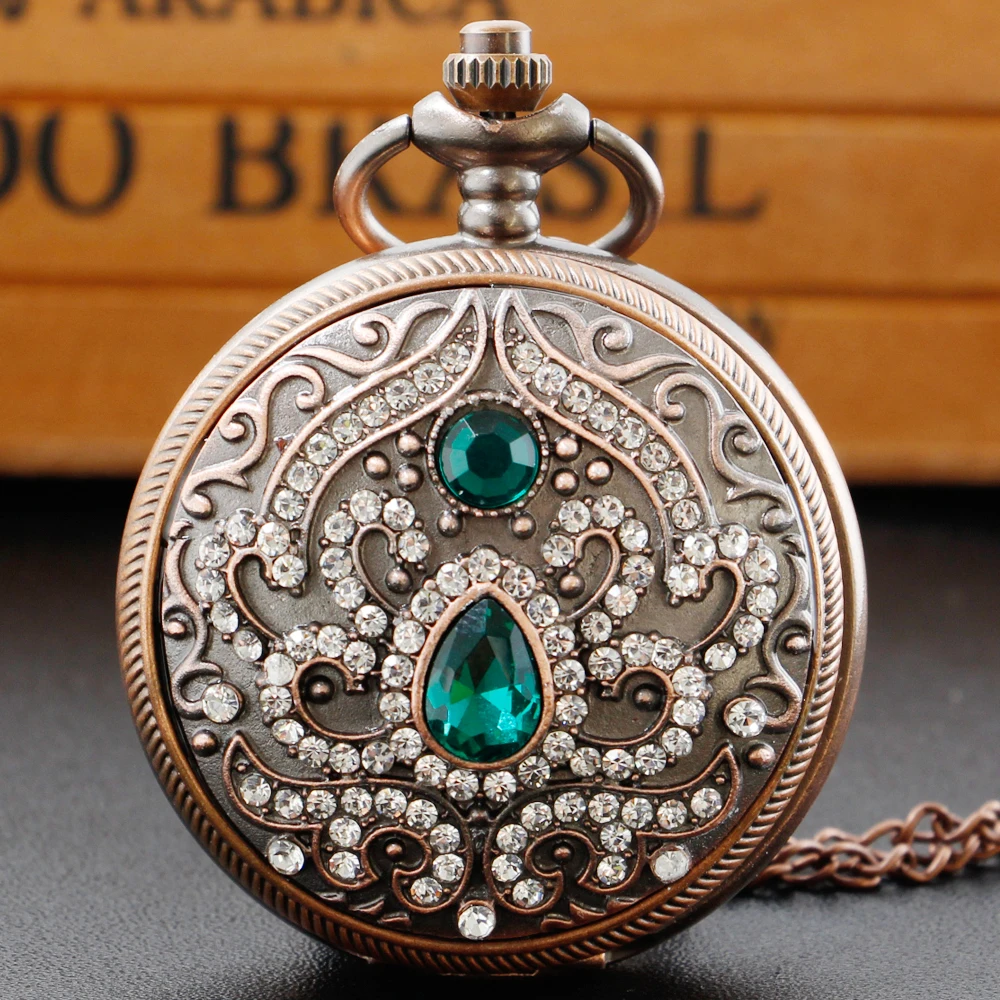 Top Trends: Luxury Emerald Gem Vintage Ladies Necklace Pocket Watch Digital Pendant Chain Clock Fashion Sculpture Women's Gift Shoppable Styles