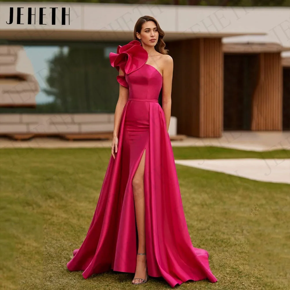 Top Trends: JEHETH Satin One Shoulder Mermaid Evening Dress For Women Split Detachable Train Formal Party Gowns Fuchsia Vestidos De Noche Shoppable Styles