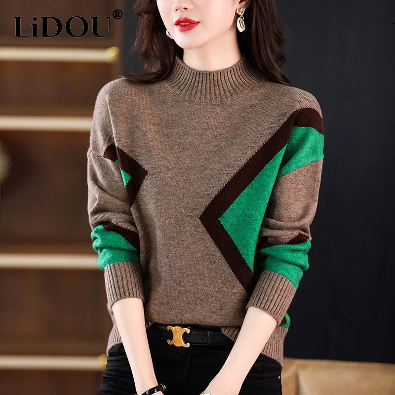 Top Trends: Autumn Winter Half High Collar Contrast Color Sweater Female Loose Casual Oversized Pullover Knitted Top Women All-match Jumpers Shoppable Styles