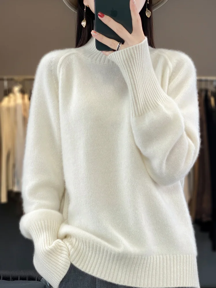 Top Trends: 100% Merino Wool Cashmere Women Knitted Sweater Mock Neck Long Sleeve Pullover Autume Winter Clothing Jumper Straf Store Shoppable Styles