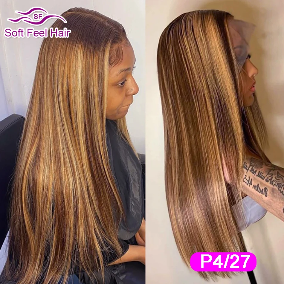 Top Trends: 30 Inch Straight Highlight Wig Human Hair 13x4 Lace Frontal Wig Honey Blonde 4 / 27 Colored Wigs For Women Pre Plucked Lace Wig Shoppable Styles