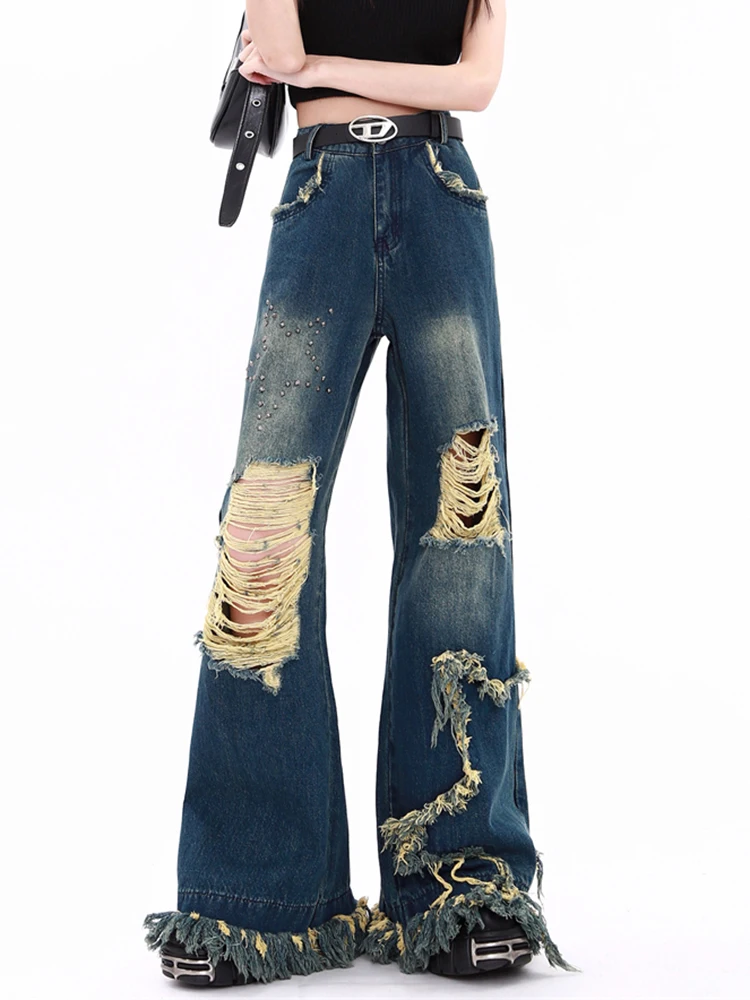 Top Trends: Retro American High Street Ripped Holes Jeans Girl Vintage Blue Oversized Denim Trousers Fashion Beaded Wide Leg Pants Women Y2K Shoppable Styles