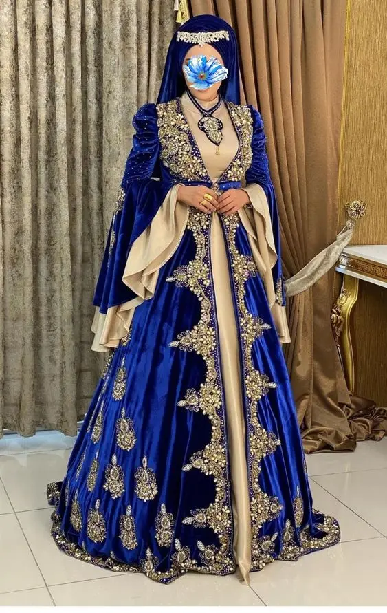 Top Trends: Moroccan Kaftan Evening Dresses Long Flare Sleeve Royal Blue And Champagne Crystal Beaded Arabic Dubai Abaya Formal Party Gowns Shoppable Styles