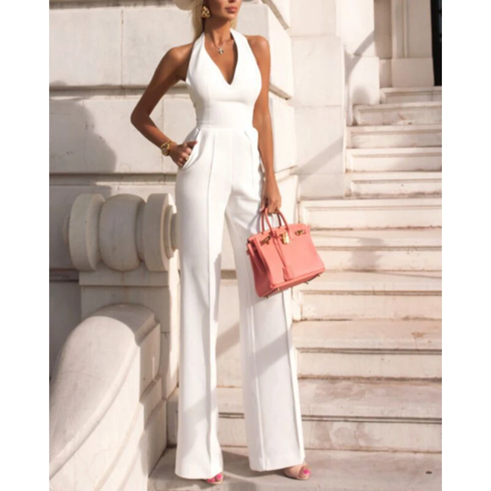 Top Trends: Women Elegant Sleeveless Halter Backless Deep V-Neck White Jumpsuits Lady Summer Wide Leg Work One-Piece Jumpsuit Streetwear Shoppable Styles