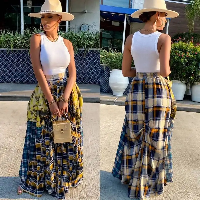 Top Trends: Plaid Print Patchwork Loose Women Maxi Skirt 2023 Summer Fashion Multi Colors Elastic Waist Skirts Streetwear Vacation Christmas Shoppable Styles - Image 4