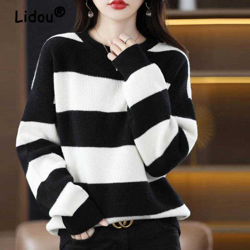 Top Trends: Autumn Winter Fashion Casual O-Neck Striped Knitted Pullovers For Women 2022 New Korean Fashion All-match Tops Sweaters T-Shirt Shoppable Styles