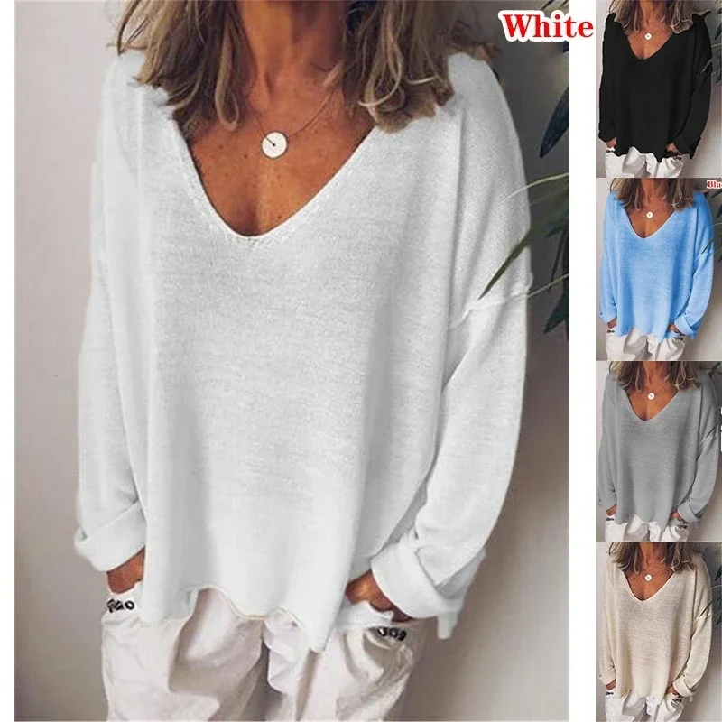 Top Trends: 2023 Autumn Womens Clothing Solid Color T Shirts Casual Loose Tops Femme V-Neck Blouses Long Sleeve Thin Clothes Fashion Daily Shoppable Styles