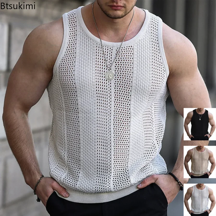 Top Trends: 2024 Men&#039;s Summer Tank Top Lace Hollow Out Sleeveless Shirts Male Summer Clothing Slim Fit Gym Clothes Workout Solid Vest Tops Shoppable Styles