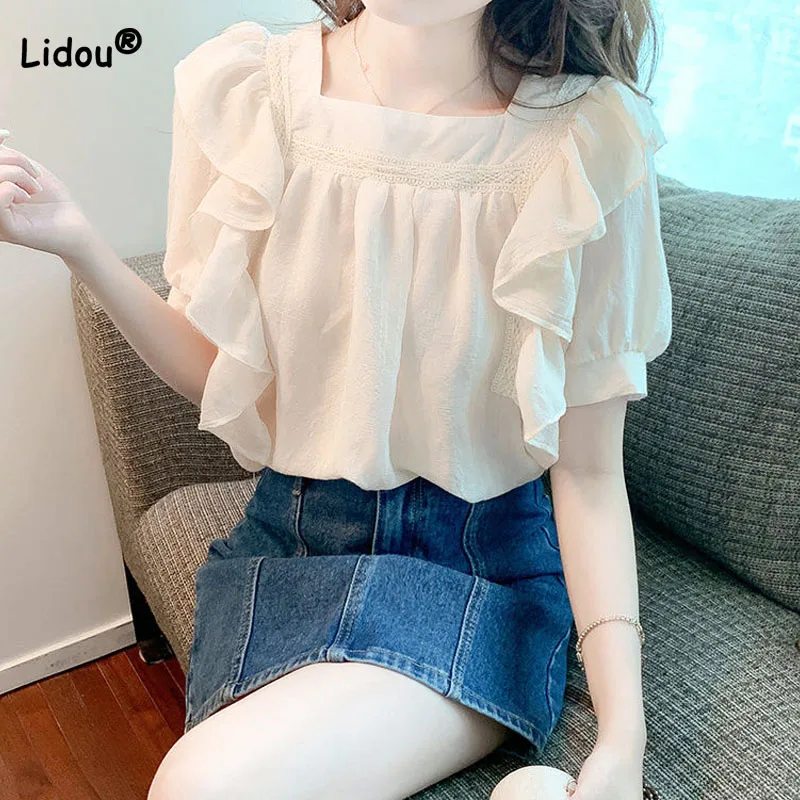 Top Trends: All-match Fashion Ruffles Spliced Shirt Women&#039;s Clothing Simplicity Temperament Square Collar Solid Color Blouse For Female Shoppable Styles