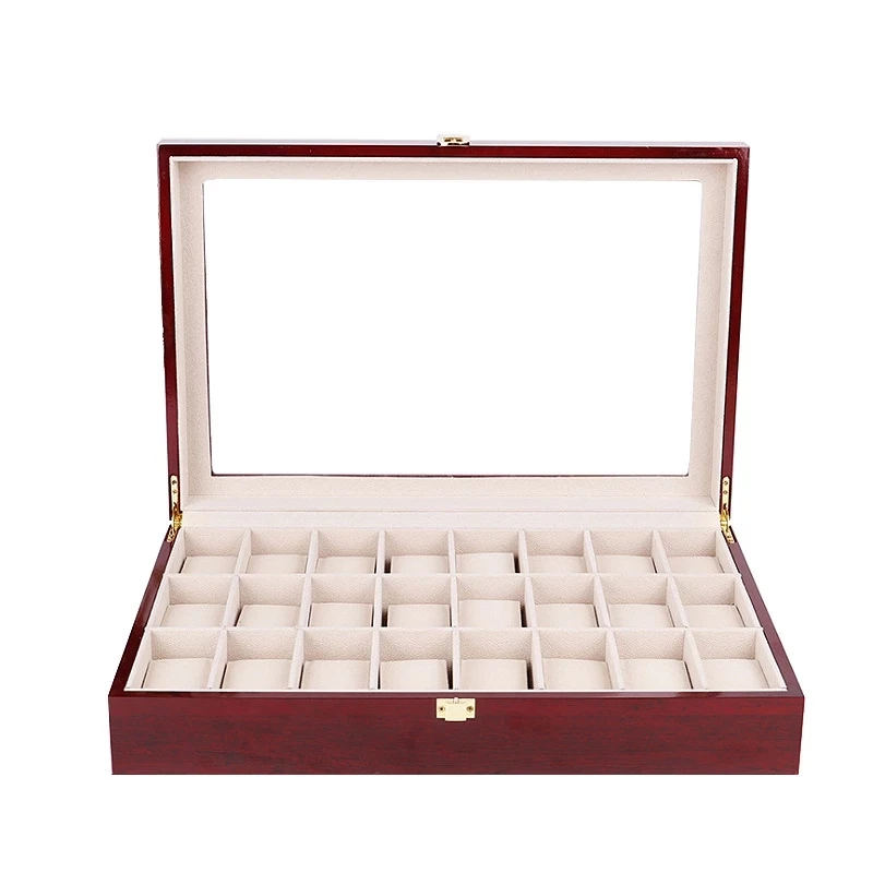 Top Trends: 24 Slots Red Bright Lacquer Wooden Watch Box Organizer Luxury Large Watch Jewelry Display Storage Box Pillows Case Wood Gift Shoppable Styles