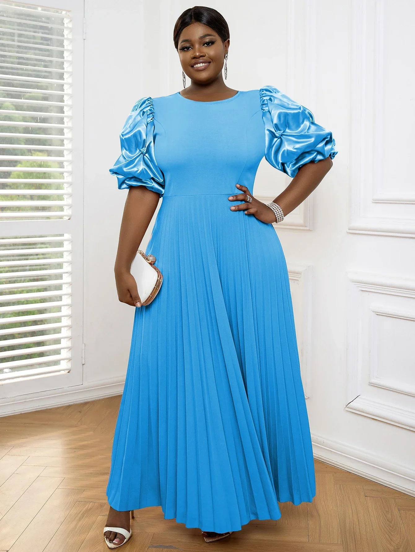 Top Trends: Aomei Women Elegant Blue Long Pleated Party Dress O Neck Puff Sleeve Big Swing Modest Formal Event Wedding Guest Evening Gowns Shoppable Styles