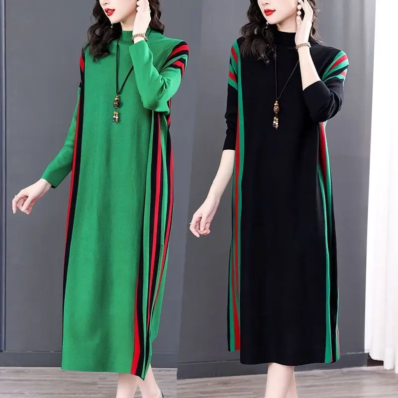 Top Trends: Korean Loose Knitting Oversize Women Dress 2023 Autumn New Fashion Half High Collar Pullover Patchwork Striped Female Dresses Shoppable Styles