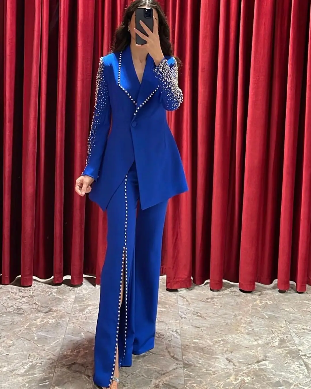 Top Trends: Carolina Evening Gowns Two Pieces Pant Suits Royal Blue Prom Dresses Beading Satin Front Slit Backless Simple Party Dresses Shoppable Styles