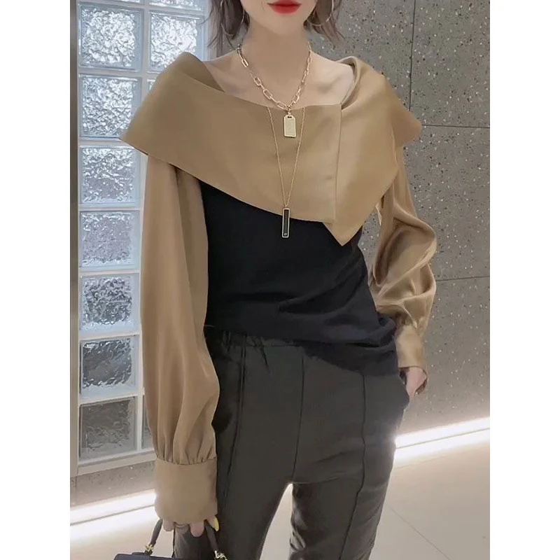 Top Trends: Fashion O-Neck Spliced Asymmetrical Blouses Women's Clothing 2023 Autumn Winter Loose Casual Pullovers Lantern Sleeve Shirts Shoppable Styles