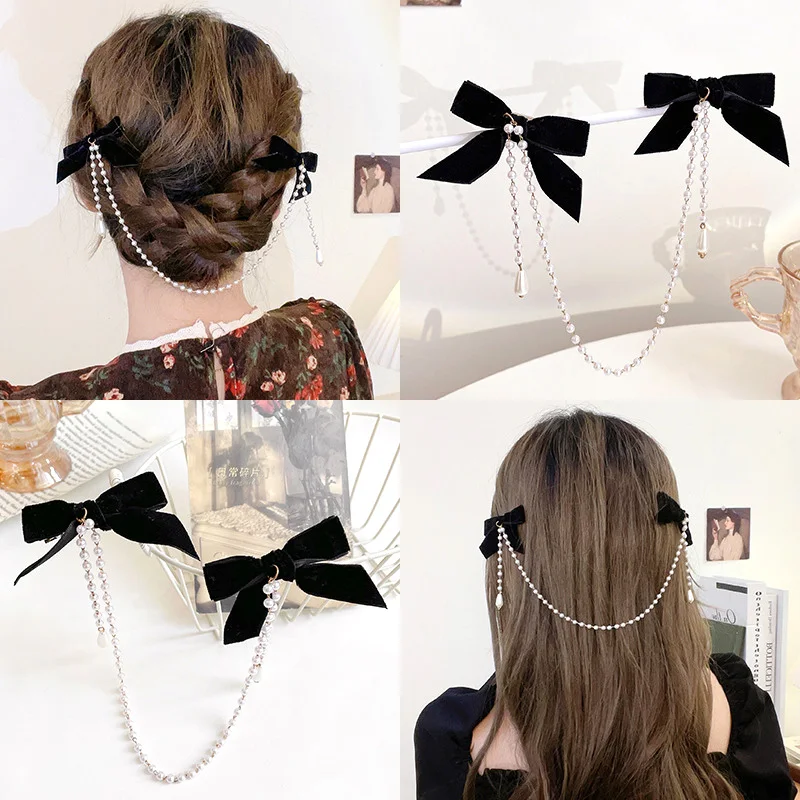 Top Trends: Sweet Girl Tassel Vintage Bow Pearl Chain Hairpins Elegant Hair Decorate Headband Hair Clips For Women Fashion Hair Accessories Shoppable Styles