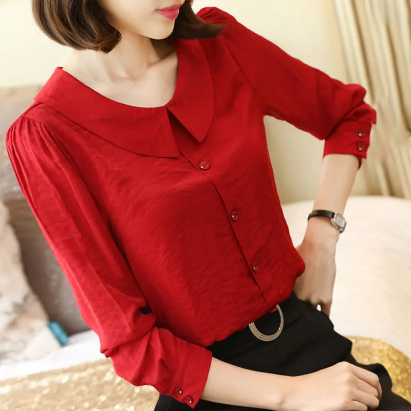 Top Trends: Elegant Peter Pan Collar Button All-match Blouse Female Clothing 2023 Autumn New Casual Pullovers Solid Color Office Lady Shirt Shoppable Styles