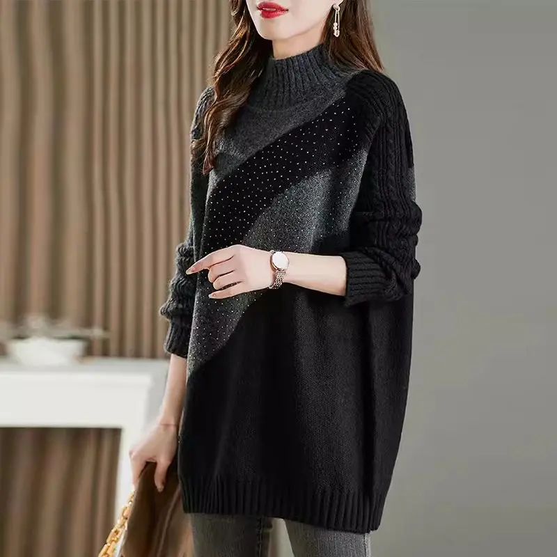 Top Trends: Fashion Diamonds Knitted Sweaters Autumn Winter Korean Loose Women&#039;s Clothing Long Sleeve Casual Basic Half High Collar Jumpers Shoppable Styles