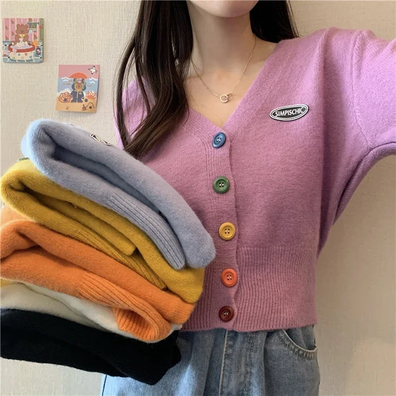 Top Trends: New Korean Sweet Cardigan Sweater Women Single Breasted V-neck Long-sleeved Knitted Jacket S-4XL Short Cardigan 6 Colors Shoppable Styles