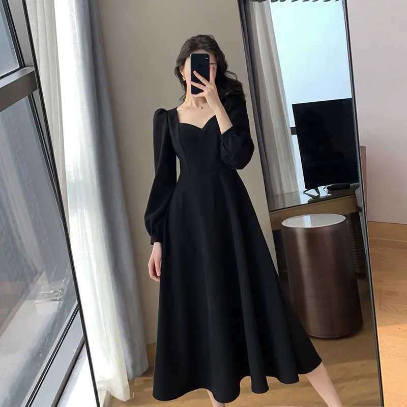 Top Trends: Temperament Black Midi Dress Spring Autumn New Long Sleeve V Neck Loose Solid Color Dresses Vintage Fashion Women Clothing S-3XL Shoppable Styles