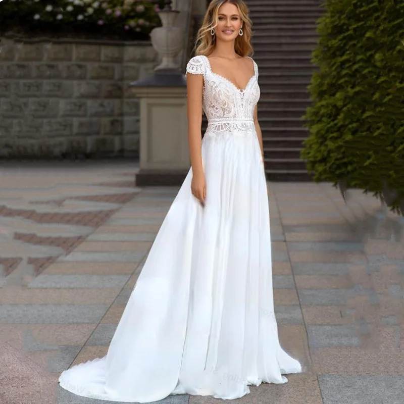 Top Trends: Boho Lace Chiffon V-Neck Wedding Dresses 2022 Backless Beach Bride Dress Cap Sleeve Sweep Train Bohemian Robe De Mariee A Line Shoppable Styles