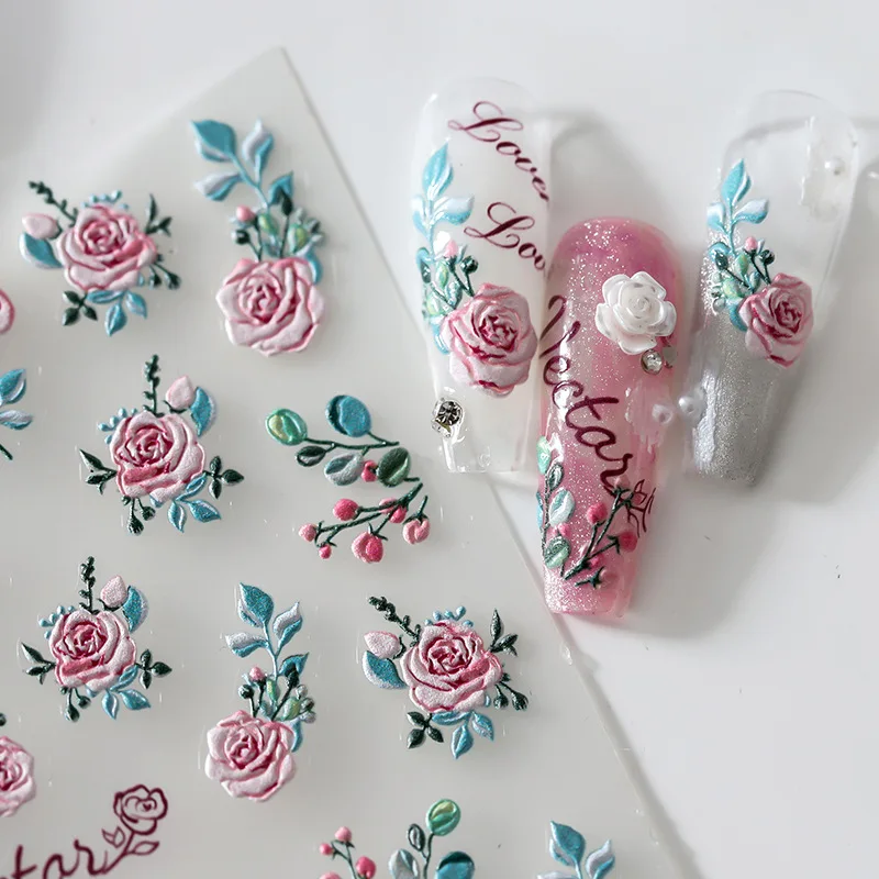 Top Trends: Acrylic Engraved Nail Sticker Big Pink Flowers Green Leaf Self-Adhesive Nail Transfer Sliders Wraps Manicures Foils Z0666 Shoppable Styles