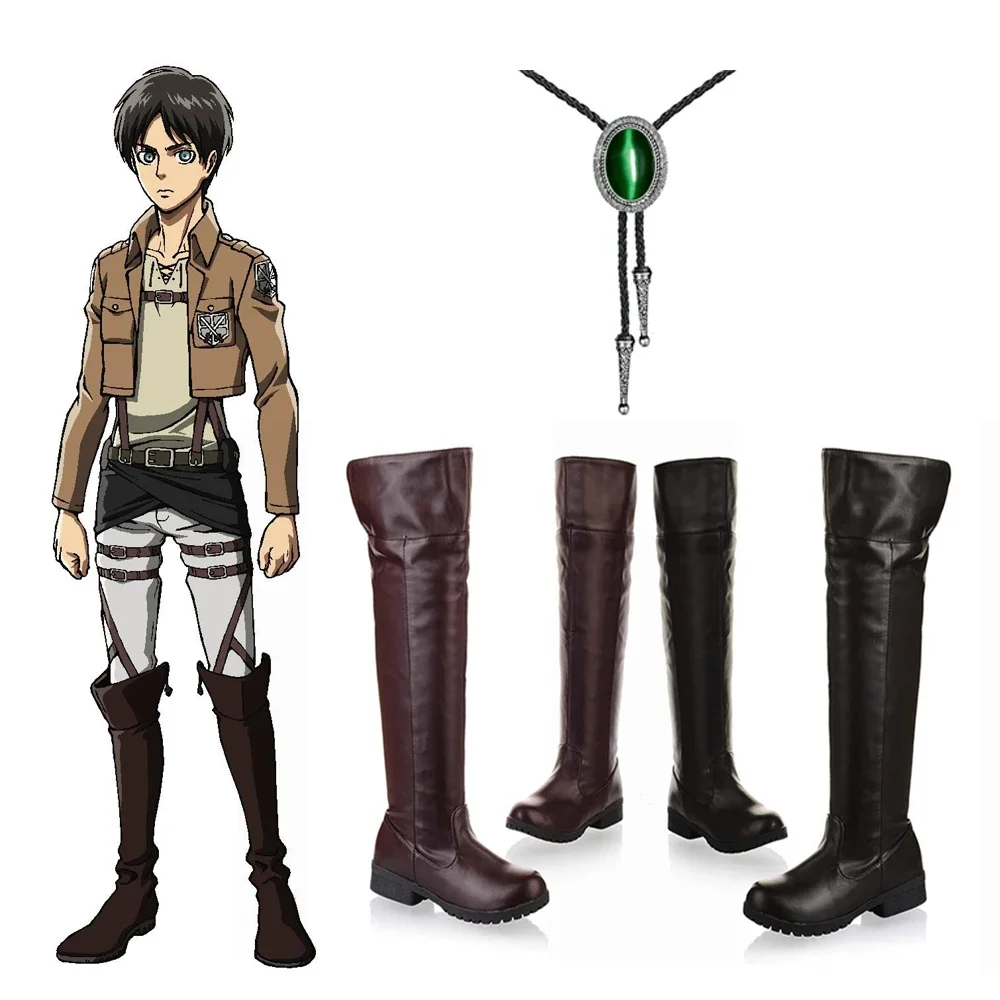 Top Trends: Anime Attack On Titan Boots Bolo Tie Necklace Shingeki No Kyojin Shoes Eren Jaeger Long Boots Cosplay Costume Halloween Carnival Shoppable Styles