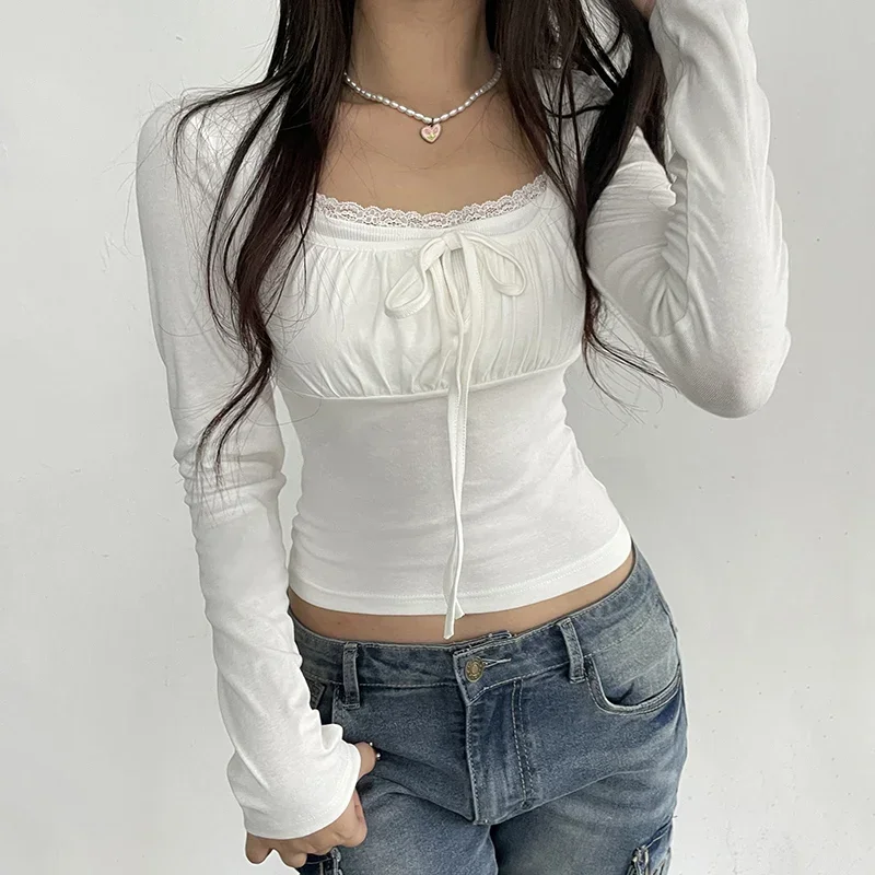 Top Trends: Korean White Lace Patched Female T-shirt Slim Basic Sweet Folds Autumn Tee Cute Top Coquette Clothes Front Tie-Up Y2K Shoppable Styles