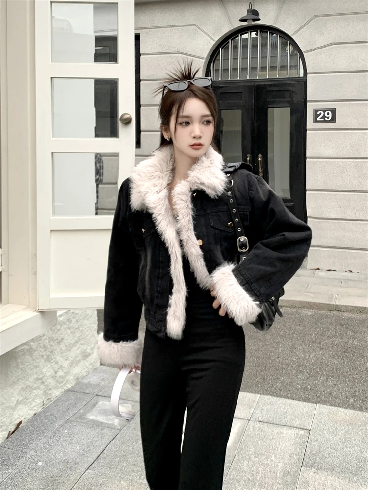 Top Trends: Women's Winter Jacket Spliced Plush Collar Design Long Sleeve Denim Coat New Chic Fashion Street Female Cardigan Black Jacket Shoppable Styles