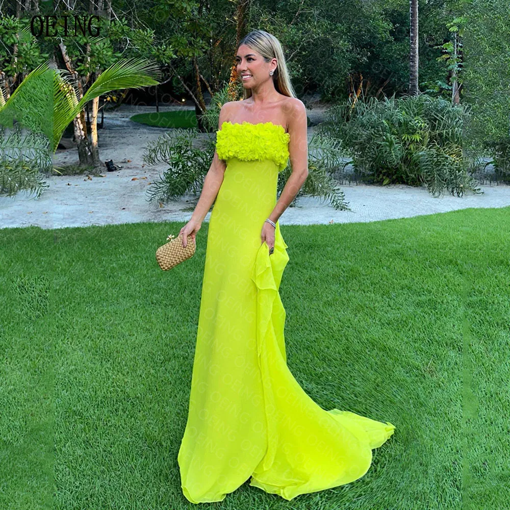 Top Trends: OEING Green A-line Strapless Chiffon Formal Evening Party Dresses Simple Court Train Beach Prom Gowns New Celebrity Party Dress Shoppable Styles