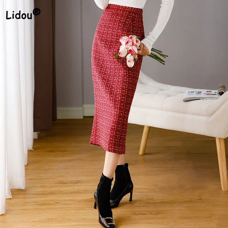 Top Trends: Women&#039;s Clothing Fashion Temperament Plaid Slim Bag Hip Skirt 2023 Autumn Winter Vintage High Waist Split Midi Skirts For Female Shoppable Styles