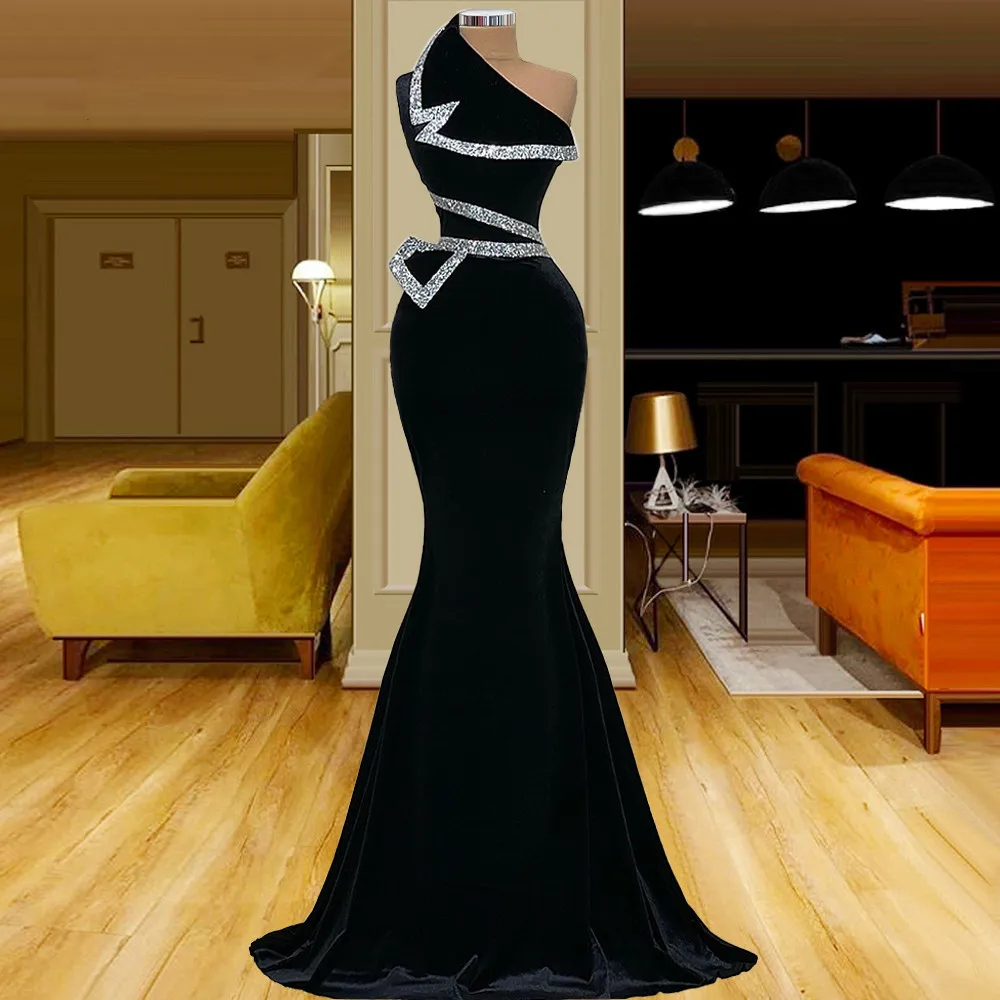 Top Trends: Black Velour One Shoulder Mermaid Evening Dresses Diamond Custom Made Women Formal Party Night Long Prom Gowns Robes De Soirée Shoppable Styles